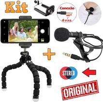 Microfone de Lapela Profissional Para Celular Smartphone Universal Stereo + Mini Tripé Flexível Youtuber