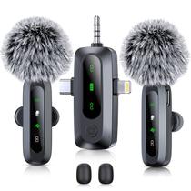 Microfone de lapela sem fio 3 em 1 para iPhone, iPad, Android, câmera, pacote com 2 minimicrofones profissionais com clipe de tela LED com redução de ruído para gravação de vídeo TikTok YouTube Vlog