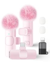 Microfone de lapela sem fio para iPhone, iPad e telefone Android, pacote com 2 microfones de lapela Plug and Play, microfone sem fio de redução de ruído para gravação de vídeo, entrevista, podcast, vlog, YouTube Tiktok (rosa)
