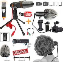 Microfone Direcional Profissional Shotgun Celular Câmera Pc Espuma Corta Vento + Microfone Condensador de Mesa Youtuber