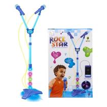 Microfone duplo azul pedestal infantil karaoke conect mp3