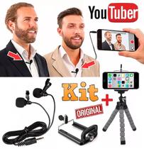 Microfone Duplo de Lapela Para Celular Smartphone Entrevista + Mini Tripé Flexível Universal Youtuber
