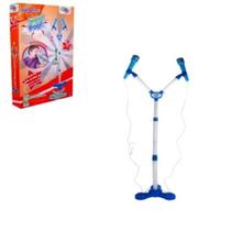 Microfone duplo infantil rock boy com pedestal som e luz azul menino karaoke conecta mp3