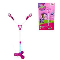 Microfone duplo infantil rock girl com pedestal som e luz rosa menina karaoke conecta mp3