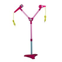 Microfone Duplo Infantil Rosa C/ Pedestal Luzes BW140RS Importway