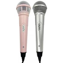 Microfone Duplo Karaoke Bar Com Cabo Leson Mk2 Prata E Rosa