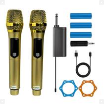 Microfone Duplo Profissional Sem Fio Karaoke Bateria Dinâmico Com Espuma