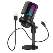 Microfone Gamer Preto Condensador USB Para Gamer, Podcast, Live, PC, Mac Com Mudo Rápido, Indicador RGB, Suporte De Tripé e Controle De Ganho