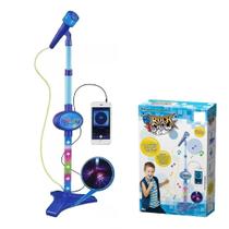 Microfone Infantil Azul Karaokê Pedestal E Luzes Conecta Cel