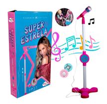 Microfone Infantil com Pedestal Karaokê Som Luz Super Estrela