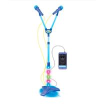 Microfone Infantil Duplo com Pedestal Luzes Conectividade para Celular e Alto Falante Integrado Azul