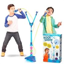 Microfone infantil duplo pedestal karaoke rock star amplificador musical conecta celular mp3 luz azul - MAKETOYS