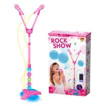Microfone Infantil Duplo Rosa Com Luzes Pedestal E Entrada MP3