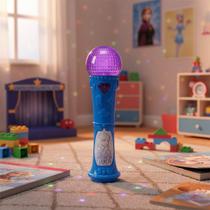 Microfone Infantil Frozen Princesa Etitoys Azul Com Luz e Som Brinquedo Musical Sem Fio