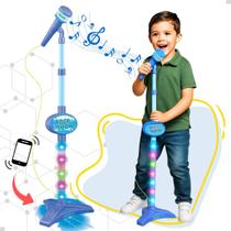 Microfone Infantil Karaoke Brinquedo Meninos Pedestal Rock Show Som e Luzes Conecta Celular Cabo P2