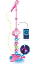 Microfone Infantil Menina Rosa Pedestal Luz Som Bluetooth Pais e Filhos