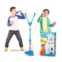 Microfone infantil pedestal duplo com som luz conecta mp3 celular musica rock show azul menino