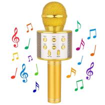Microfone karaoke bluetooth portatil infantil sem fio alto falante show festa escola youtuber dourado