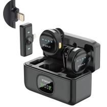 Microfone Lapela Sem Fio Compatível Para iPhone 7 ao 14 com 2 Microfones, Receptor Lightning, Redução de Ruído, Case Carregador e Display de Bateria