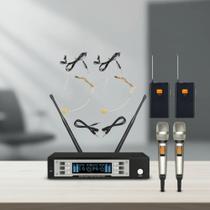 Microfone Leikozic Uhf 6 Em 1 Duplo Mão Lapela E Auricular Preto