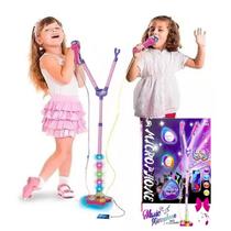 Microfone Para Criança Infantil Com Pedestal Rosa Toca Mp3