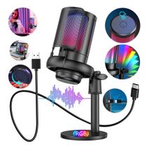 Microfone PodCast Gamer USB RGB Condensador Profissional Plug and Play PC Streaming Live