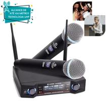 Microfone Sem Fio Duplo Uhf Hi Fi Dinamico Display Digital Preto alcance 100 metros