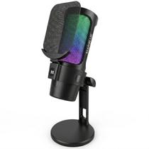 Microfone USB Gamer RGB Condensador Streaming Podcast Live Gravação PC Celular com Botão Touch Mute Plug Play