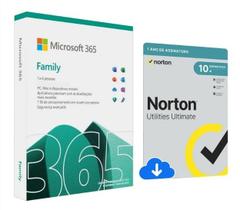 Microsoft 365 Family 1 licença 12 meses 6 usuários 1TB One drive + Norton Utilities Ultimate 1 Usuário 10 Dispositivos
