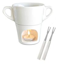 Mini aparelho de fondue porcelana individual casal 250ml + vela e 2 garfos inox