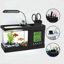 Mini Aquário com Relógio e Luz LED USB Compacto