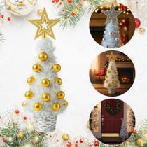 Mini Árvore de Natal Decorada 40cm com Estrela e Bolas Prata Dourado Enfeite Festivo Mesa Aparador