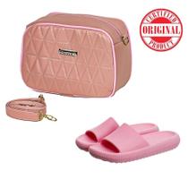 Mini Bag Matelassê Feminina Transversal Rosa + Chinelo Macio Slide Flexível Moderno
