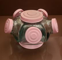 Mini baleiro giratório de vidro com tampa rosa - Raiar da Aurora