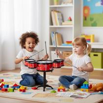 Mini Bateria Infantil Instrumento Musical Brinquedo com Prato Tambor e Baqueta