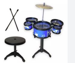 Mini bateria infantil Jazz Drum azul com duas baquetas tambores e banquinho