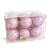 Mini Bolas Rosa de Natal 4cm com Glitter Conjunto com 12 Unidades
