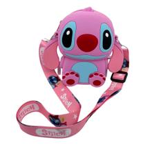 Mini Bolsa Stitch Emborrachada com Alça Rosa Porta Treco
