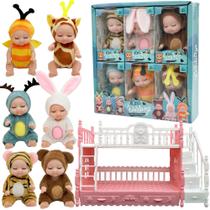 Mini bonecas Swanky Style, 6 peças com roupas de animais e beliche