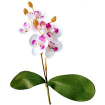 Mini buque de orquidea com folhas 20cm altura - branca com lilás