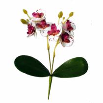 Mini buque de orquidea com folhas 20cm altura - branca com roxa