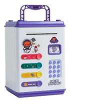 Mini Caixa Eletronico Cofre Porquinho Digital Notas Branco com Lilas