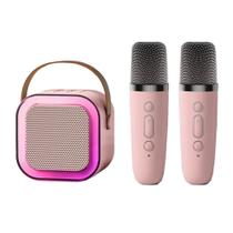 Mini Caixinha De Som Karaokê Com 2 Microfones Bluetooth Infantil Família Efeito Mudança Voz Led RGB