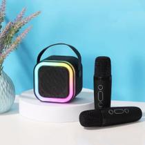 Mini Caixinha De Som Karaokê Com 2 Microfones Bluetooth Infantil Família Efeito Mudança Voz Led RGB - Speaker Multimídia