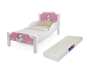 Mini cama branca com adesivo da Gatinha Marie proteção lateral com colchão