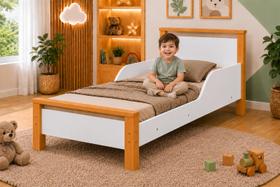 Mini Cama Infantil Branco e Mel Com Laterais de Proteção e Pés em Madeira Maciça 157x78 cm Mini Cama Infantil Branco e Mel Com Laterais de Proteção e Pés em Madeira Maciça 157x78 cm