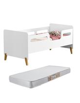 mini cama infantil cecilia em mdf com pés de madeira retro montessoriana branca com proteção lateral ja com colchão d20