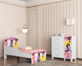 Mini Cama Infantil Livia Adesivada Para Quarto MDF Com Proteção Lateral Com Comoda 4 Gavetas 1 Sapateira Design Moderno