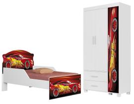 Mini Cama Infantil Livia Adesivada Para Quarto MDF Com Proteção Lateral Design Moderno Com Guarda Roupa 3 Portas 2 Gav