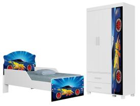 Mini Cama Infantil Livia Para Quarto MDF Com Proteção Lateral Design Moderno Com Guarda Roupa 3 Portas 2 Gavetas